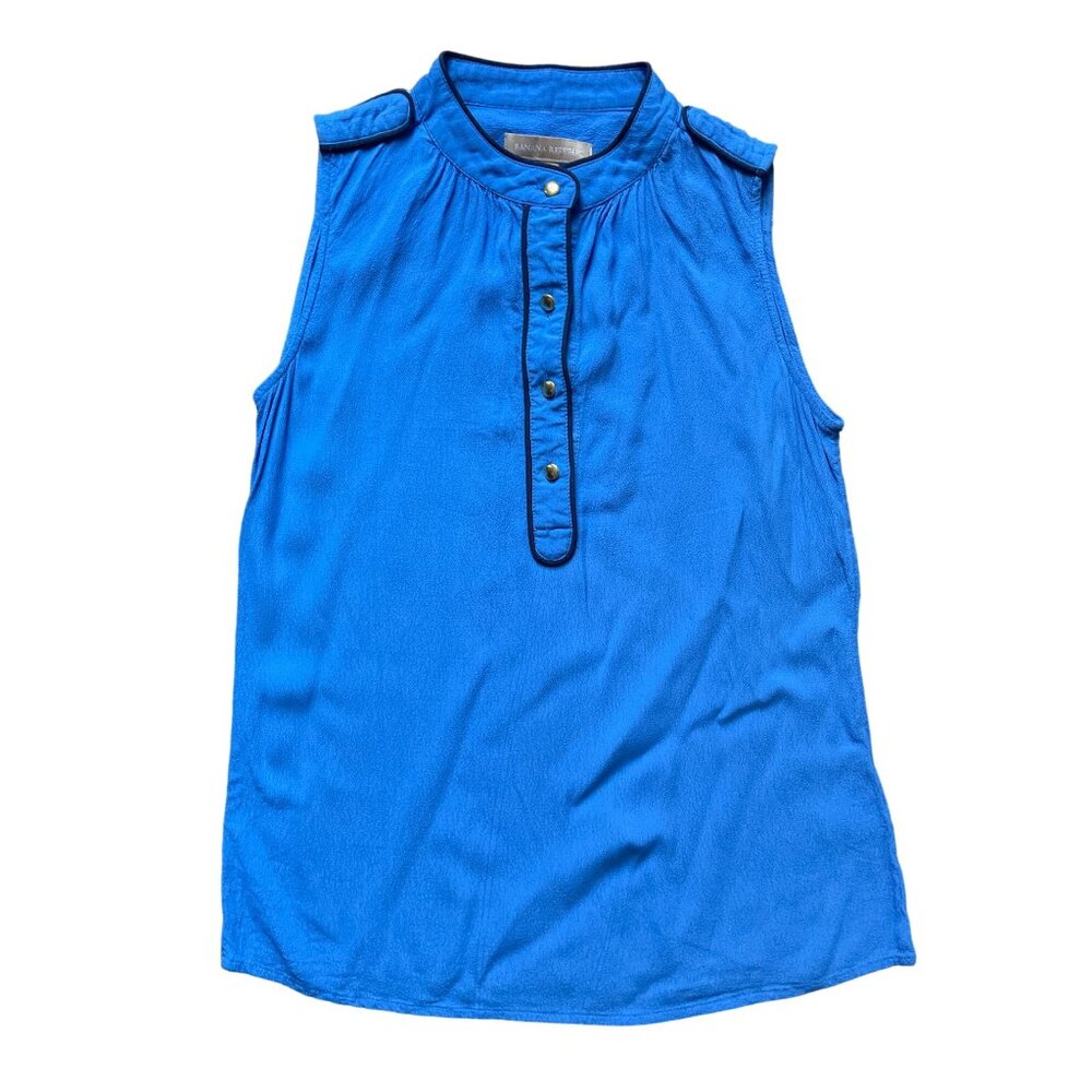 Banana Republic Blouse Women 0P Blue Good Gold Buttons Piping Sleeveless Blouse